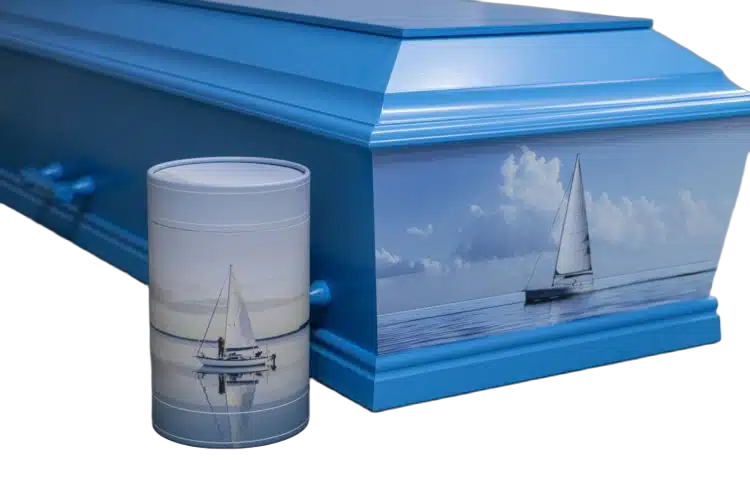 blaa-kiste-sejlskib Blå kiste med sejlskib og matchende urne